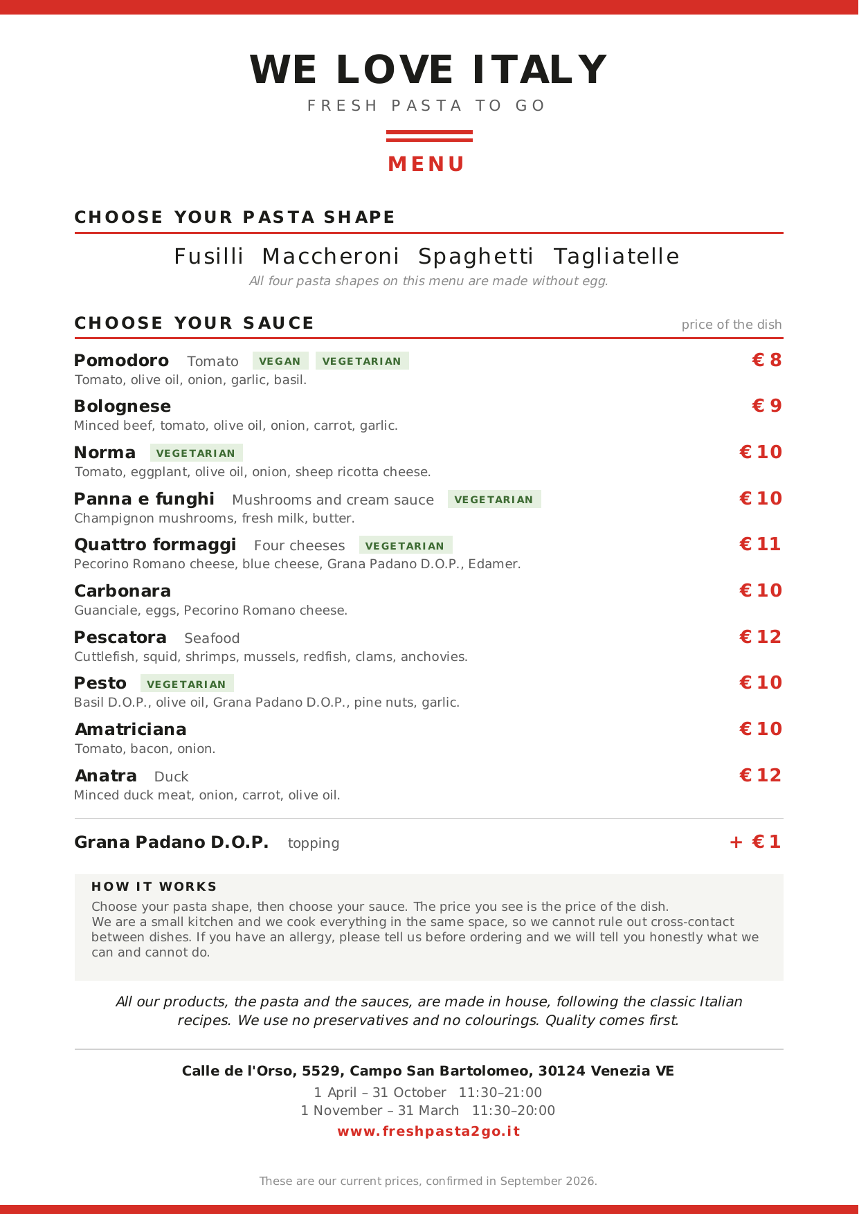 Il menu di We Love Italy — scegli il formato della pasta e il tuo sugo preferito