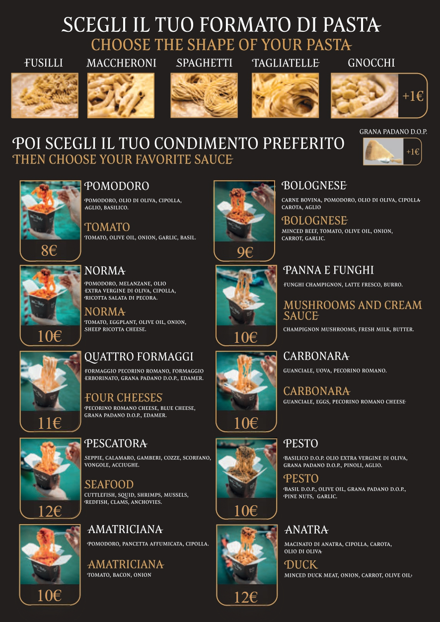 We Love Italy menu — choose the shape of your pasta and your favourite sauce
